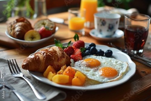 A delicious breakfast plate featuring eggs, fruit, and croissants. Perfect for food and lifestyle blogs, restaurant menus, and recipe websites
