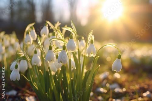 A beautiful bunch of snowdrops in a field, illuminated by the warm colors of the sunset. Perfect for nature-themed designs and springtime concepts