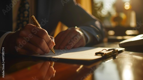 A man in a suit writing on a piece of paper. Suitable for business and office-related concepts