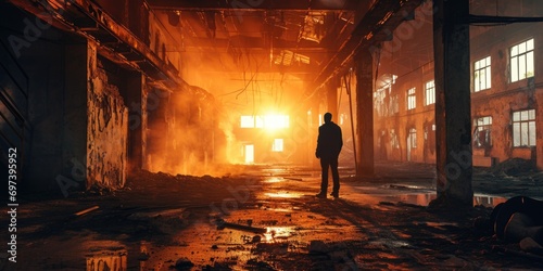 A person standing in a building with a fire in the background. This image can be used to represent danger or emergency situations