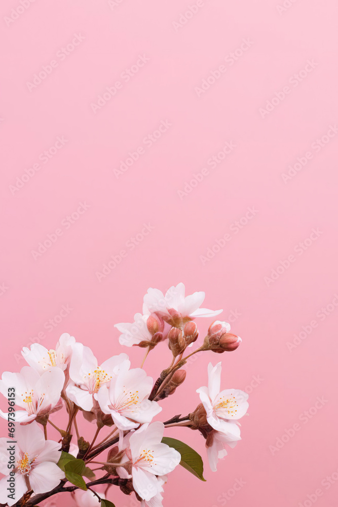 Branch of blossoming cherry on a pink background. vertical image. spring background