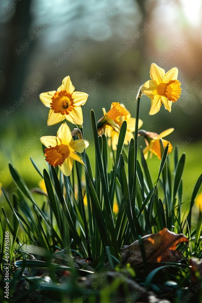 Obraz premium Beautiful group of yellow daffodils in the grass. Perfect for springtime and nature-themed designs