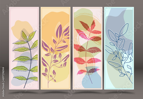 A collection of backgrounds with abstract plants in the minimalist style. Layout for covers, paintings, interior prints, posters and creative design