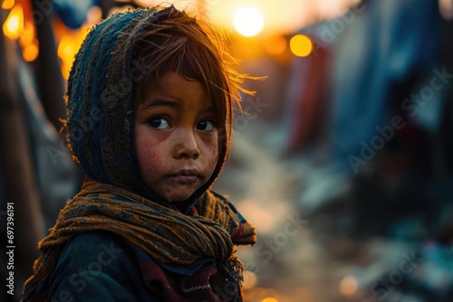 A young child is wearing a scarf and a hood. This image can be used to depict warmth, winter, fashion, or protection from the cold