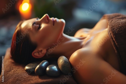 A woman is lying on a bed covered with stones. This image can be used to depict relaxation, nature, or the juxtaposition of comfort and ruggedness