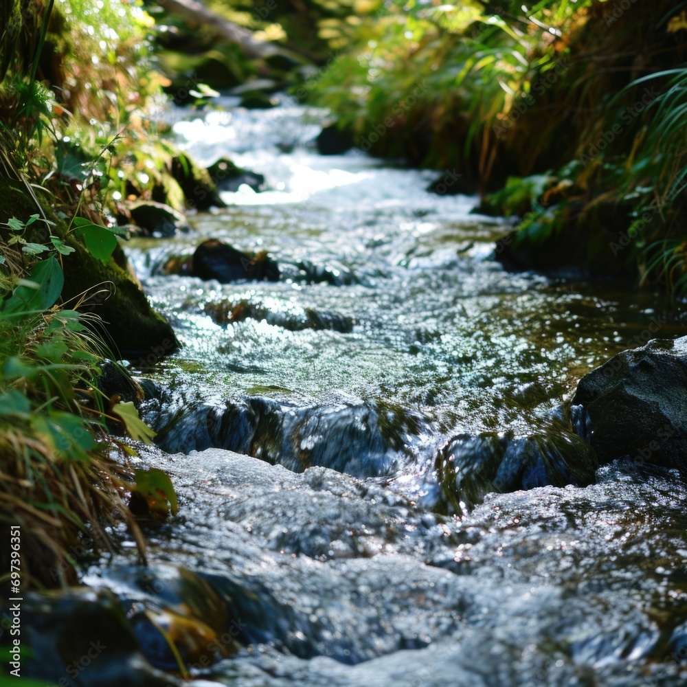 A picture of a serene stream flowing through a vibrant and verdant forest. Perfect for nature-themed projects and designs A picture of a serene stream flowing through a vibrant and verdant forest. Perfect for nature-themed projects and designs