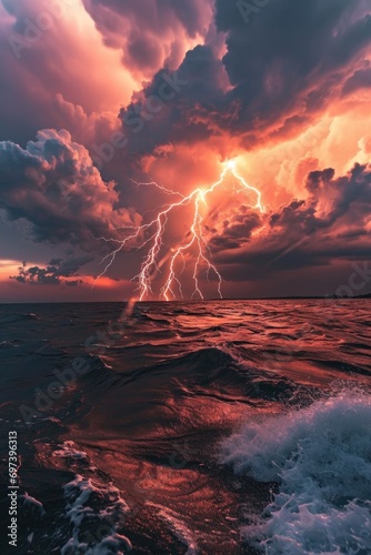 A powerful lightning bolt illuminating the sky above a serene body of water. This captivating image captures the raw energy and beauty of nature.