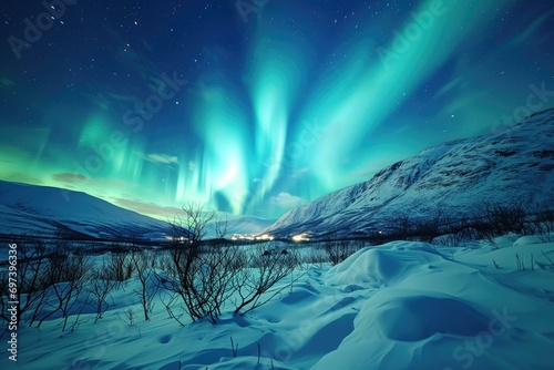 Majestic Northern Lights Over Snowy Mountains photo