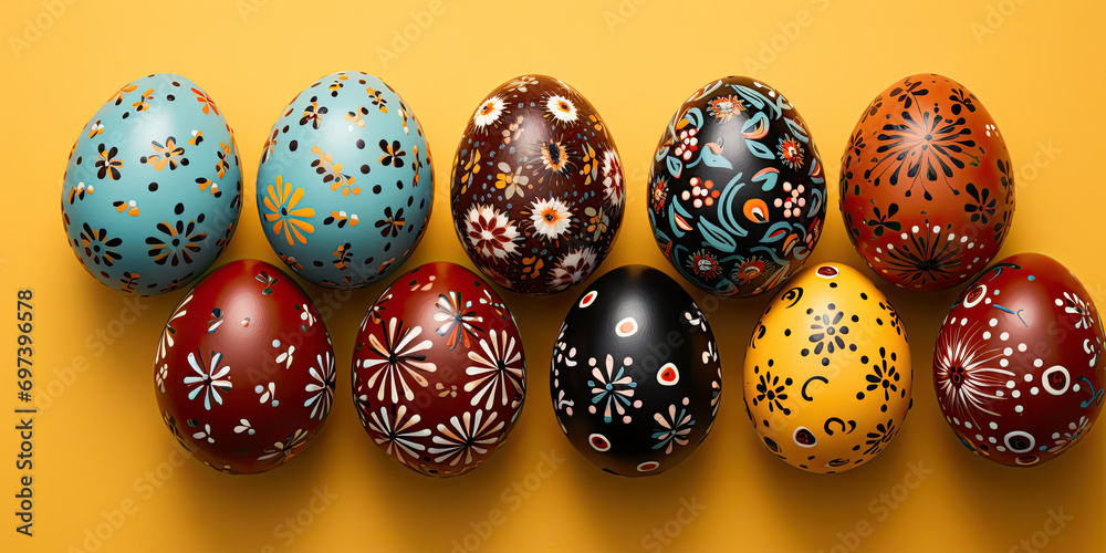 Bright colorful Easter eggs on a yellow background. Easter stylish minimal composition. Bright colorful Easter eggs on a yellow background. Easter stylish minimal composition.