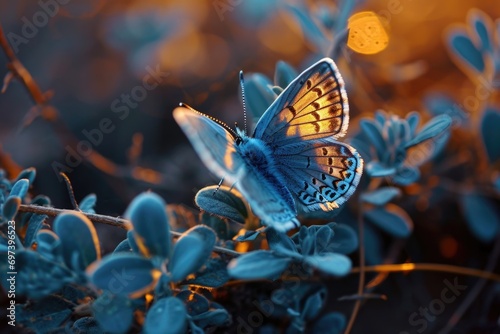 A blue butterfly sitting on top of a green plant. This image can be used to represent nature, beauty, and tranquility © Fotograf