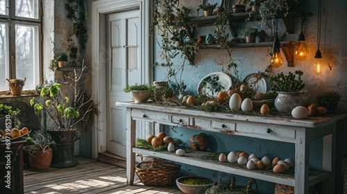 Colorful Easter eggs on rustic-themed table