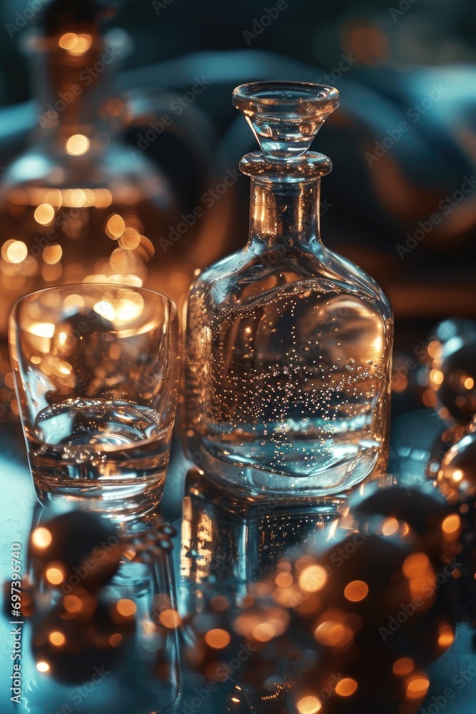 A simple and elegant image featuring a bottle and two glasses placed on a table. Perfect for showcasing celebrations, toasting moments, or social gatherings. A simple and elegant image featuring a bottle and two glasses placed on a table. Perfect for showcasing celebrations, toasting moments, or social gatherings.