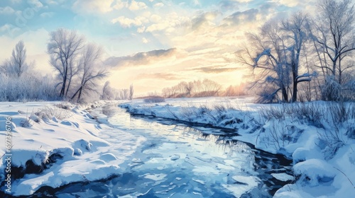 A beautiful painting capturing a river in a snowy field. Perfect for adding a serene touch to any space