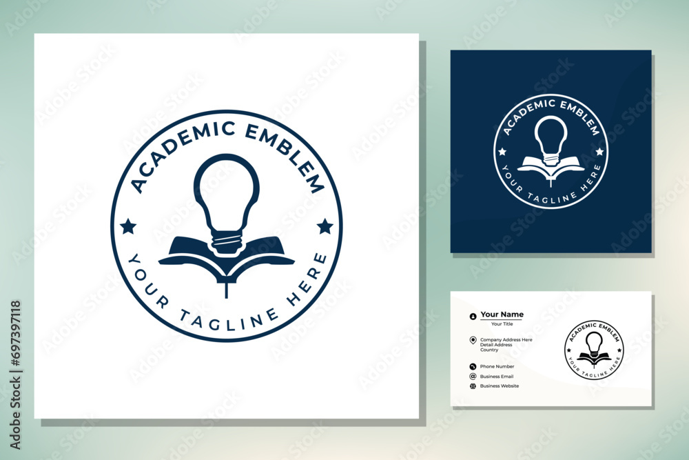 Light Bulb Lamp with Book for School University Label Badge Emblem Logo Design Light Bulb Lamp with Book for School University Label Badge Emblem Logo Design