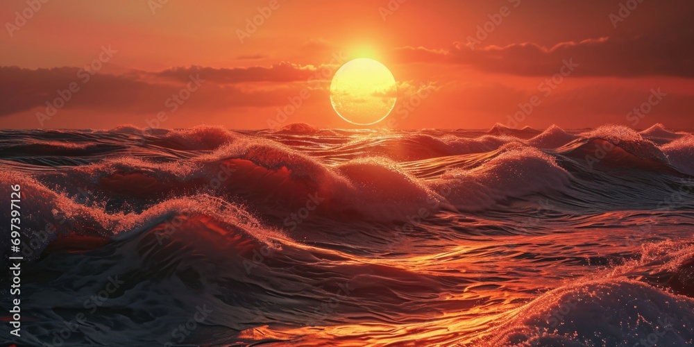 A beautiful image capturing the setting sun over the ocean waves. Perfect for nature and landscape enthusiasts.