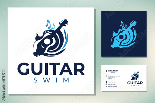 Ocean Sea Wave Water Aqua Swim with Guitar Music Instrument and Swimmer for Swimming Sport Song logo design