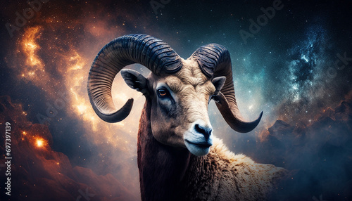Aries zodiac sign on space background. Generative AI, © Milena