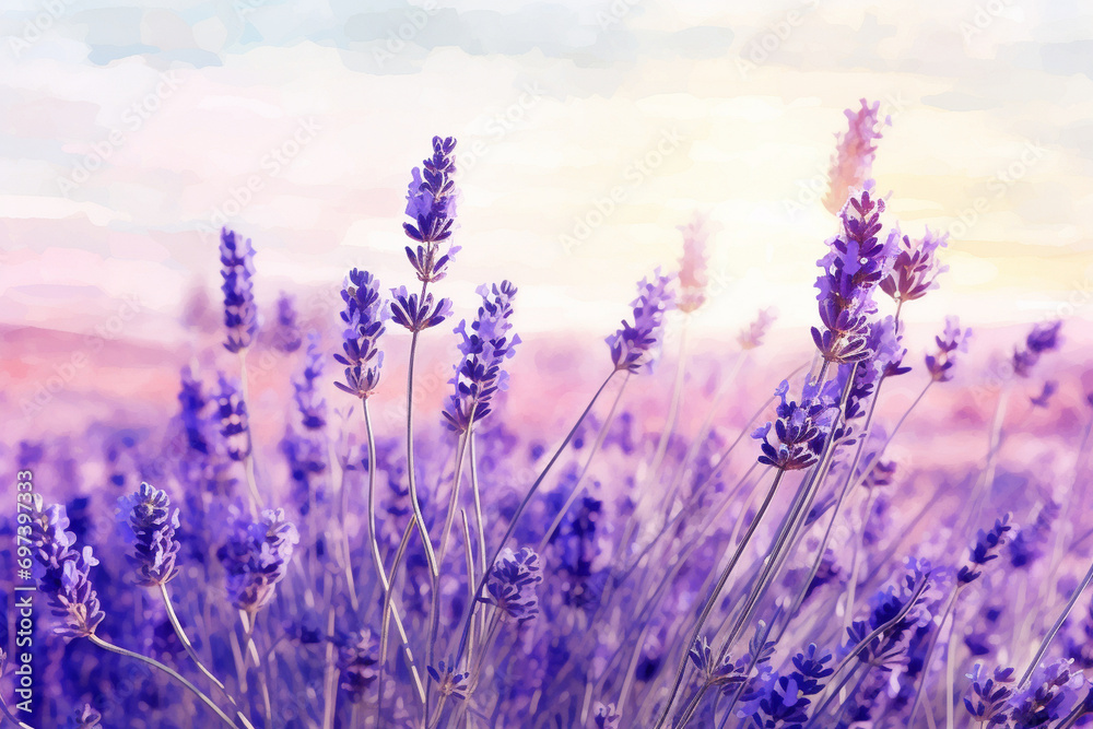 Fototapeta premium Watercolor Style Closeup of a Lavender Field in Full Bloom, Flower, Closeup, Watercolor style