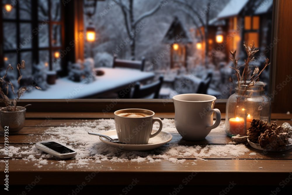 Cup of hot coffee on a bed of snow and white background, close up. Concept of christmas winter evening. AI Generative Cup of hot coffee on a bed of snow and white background, close up. Concept of christmas winter evening. AI Generative