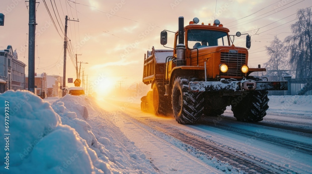 A large truck driving down a snow covered road. Perfect for winter transportation or logistics concepts A large truck driving down a snow covered road. Perfect for winter transportation or logistics concepts