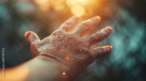 A detailed view of a person's hand covered in sand. Perfect for illustrating the feeling of being at the beach or the joy of playing in a sandbox