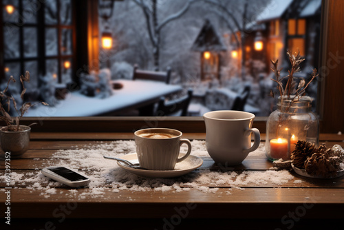 Cup of hot coffee on a bed of snow and white background, close up. Concept of christmas winter evening. AI Generative