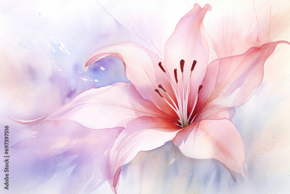 Artistic Rendering of a Delicate Lily Petal in Watercolor Hues, Flower, Closeup, Watercolor style