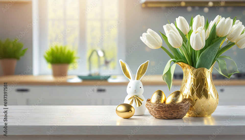 Naklejka premium Porcelanowy zajączek, białe tulipany w wazonie i koszyk pełen złotych pisanek na blacie kuchennym. W tle kuchnia. Wielkanocne tło z wolnymi miejscem