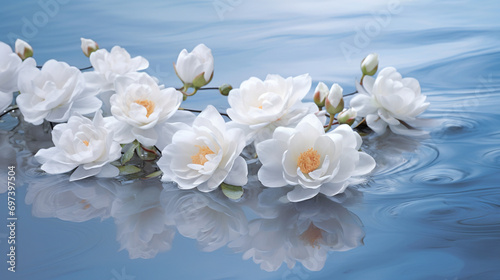 Subtle White Camellia Flowers on a Tranquil Blue Pond  Background  White and white flowers