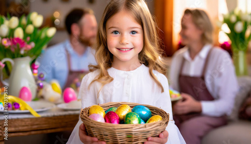 A girl holding a basket with Easter eggs in her hands. In the background, a family sitting at the table. Family Easter theme