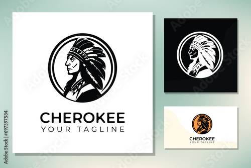 Native American Indian Chief Headdress Drawing illustration logo with simple mono line coloring book style photo