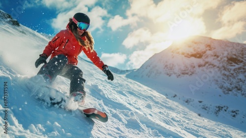 A woman snowboarding down a snowy mountain. Perfect for winter sports and adventure themes