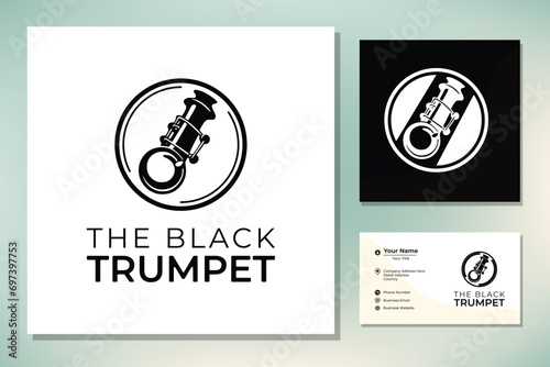 Brass musical instrument, simple black trumpet cornet for jazz music logo design
