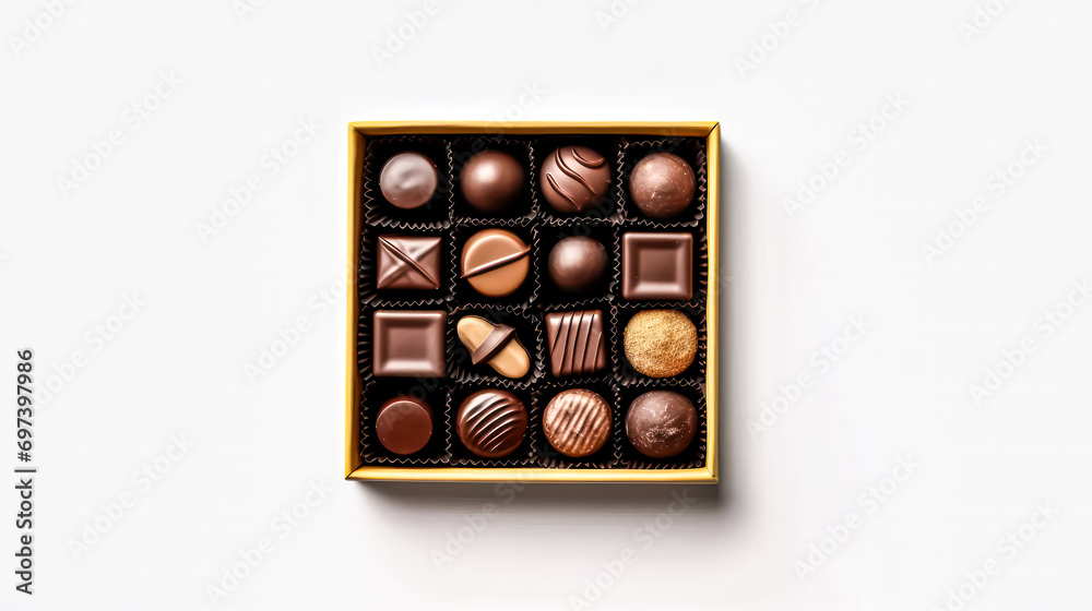 A delightful box of chocolates, elegantly placed against a pristine white background A delightful box of chocolates, elegantly placed against a pristine white background