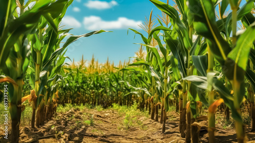 A sunlit cornfield stretches to the horizon