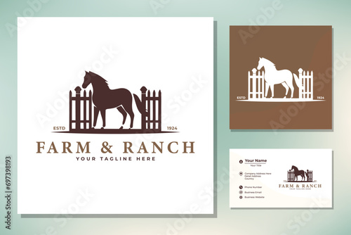 Horse silhouette behind wooden fence paddock for vintage retro rustic countryside western country farm ranch logo design