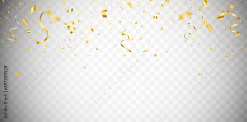 Falling shiny gold confetti. Glitter confetti frame on long background. Anniversary celebration banner. Bright festive tinsel. Birthday party backdrop. Holiday design elements. Vector illustration photo