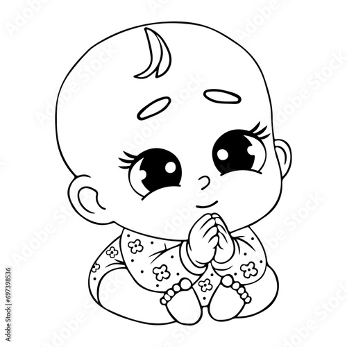 Cute praying little infant. Linear hand drawing, coloring book. Vector illustration. Religious believer baby character concept. Kids collection.