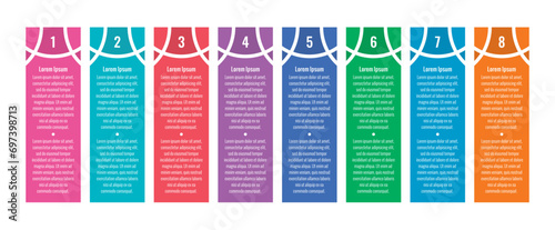 vertical cards infographic template. color cards informational template. eight step informational template. business, web, magazine, internet, annual report infographic template