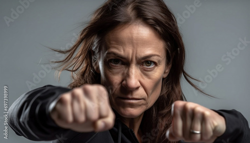 Fit young woman in a fighting stance wearing athletic sports wear and exercising by punching or practicing self defense.