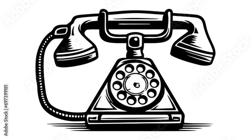 Vector logo of hand drawn illustration of retro phone in vintage engraved style