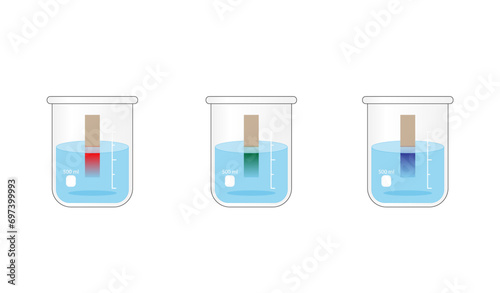 PH indicator. Acidic, neutral, basic solutions. Color change of indicator paper to red for acids, to blue for bases and to green for neutral solution. Vector scientific design.