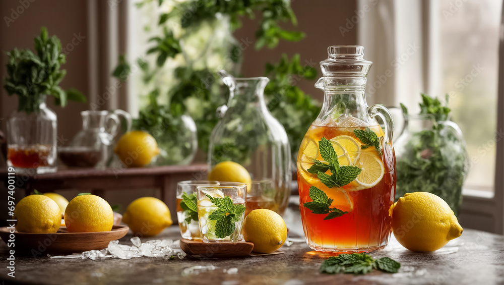 Cold tea with lemon and mint leaf on the table in glass Cold tea with lemon and mint leaf on the table in glass
