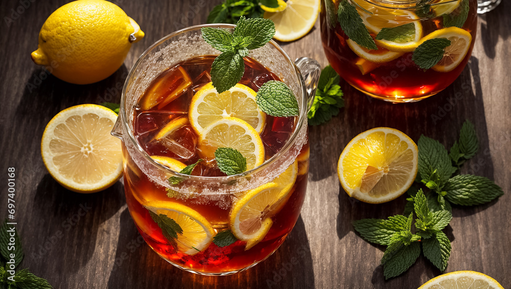 Cold tea with lemon and mint on the table in glass refreshment