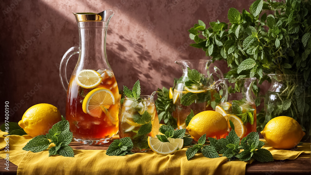 Cold tea with lemon and mint on the table in glass gourmet Cold tea with lemon and mint on the table in glass gourmet