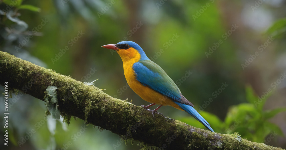 A captivating photo capturing the beauty of a colorful bird in its natural habitat, set against a lush tropical forest background.