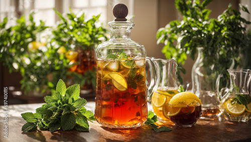 Cold tea with lemon and mint on the table in glass organic