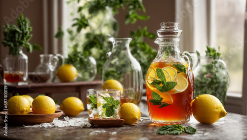 Cold tea with lemon and mint  leaf on the table in glass