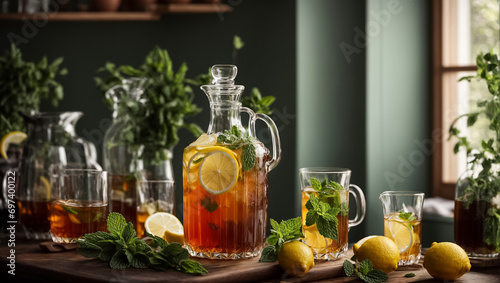 natural tea with lemon and mint on the table in glass