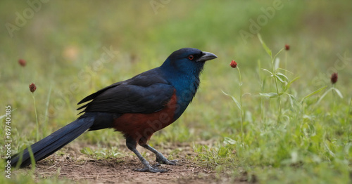 A captivating photo of an Asian bird, the Greater Coucal, set against a lush green background.